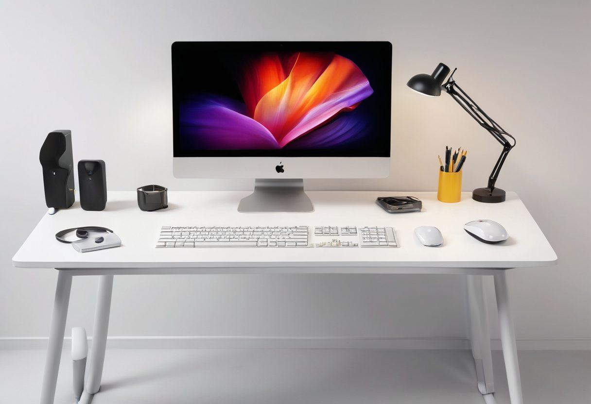 A sleek modern workstation featuring beautifully designed hardware components like a minimalist keyboard, an elegant monitor with vibrant visuals, and a stylish mouse, all arranged on a clean, light-colored desk. The background features soft, ambient lighting to enhance the aesthetic appeal, highlighting the fusion of modern technology and beauty. super-realistic. vibrant colors. soft background.