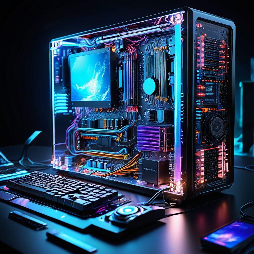 A stunning montage of futuristic hardware innovations, featuring sleek, shimmering computer components, advanced circuitry glowing with vibrant colors, and an ethereal backdrop of technology-inspired landscapes. Show a blend of abstract shapes and organic forms to symbolize beauty in tech. Include elements like holographic displays and robotic hands interacting with devices. super-realistic. vibrant colors. 3D.