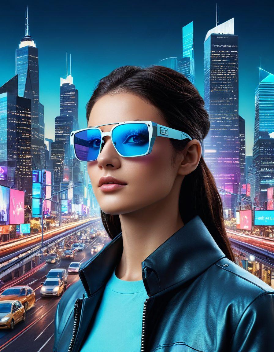A dynamic collage of futuristic gadgets like smart glasses, augmented reality headsets, and holographic displays, set against a backdrop of a vibrant city skyline filled with flying cars and drones. Incorporate symbols of innovation such as gears and lightbulbs intermingling with digital circuits. The color palette should be bright and energetic, emphasizing a sense of transformation. super-realistic. vibrant colors. 3D.
